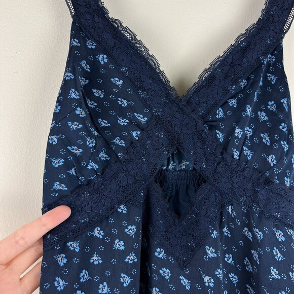American Eagle Navy Floral Printed Lace Trim Slip Mini Dress. - Picture 2 of 7